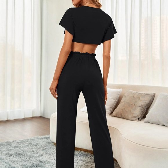 Tie front crop top with paper bag waist pants - Picture 3 of 6